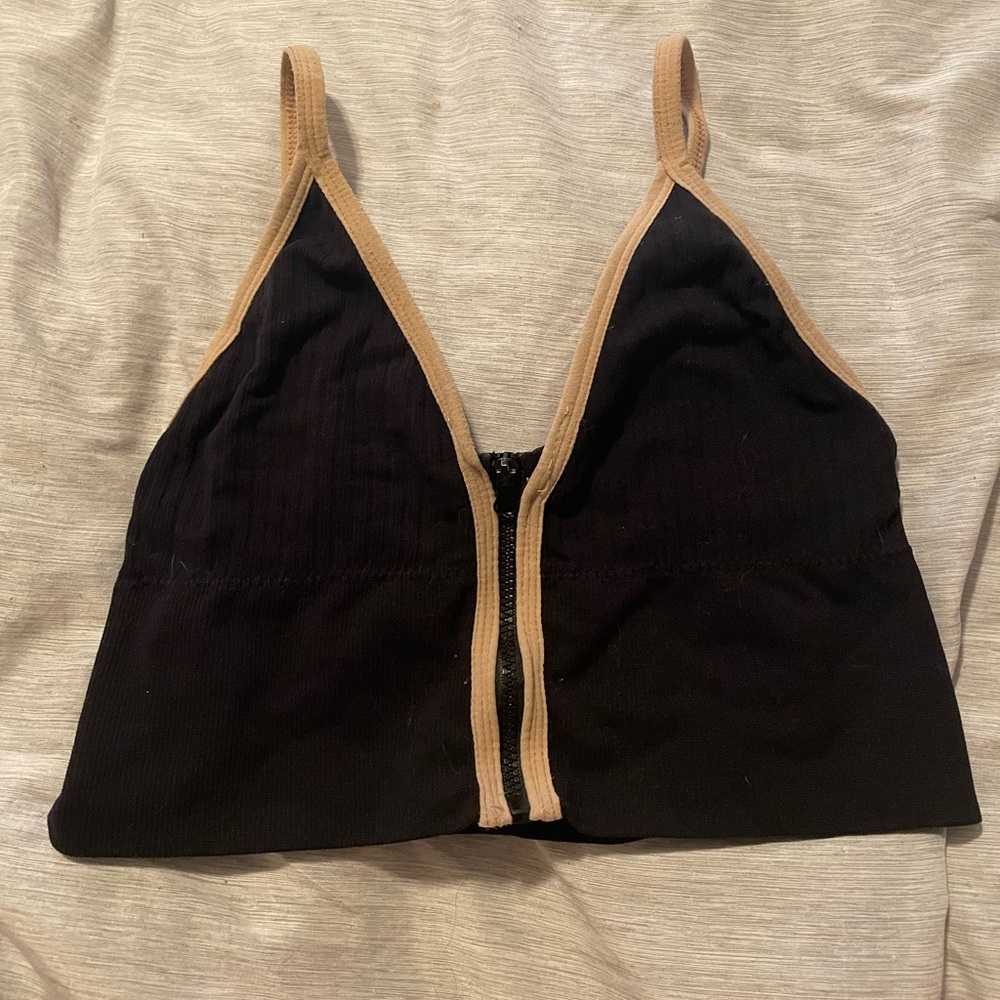 Black Bralette with Tan Trim and Front Zip